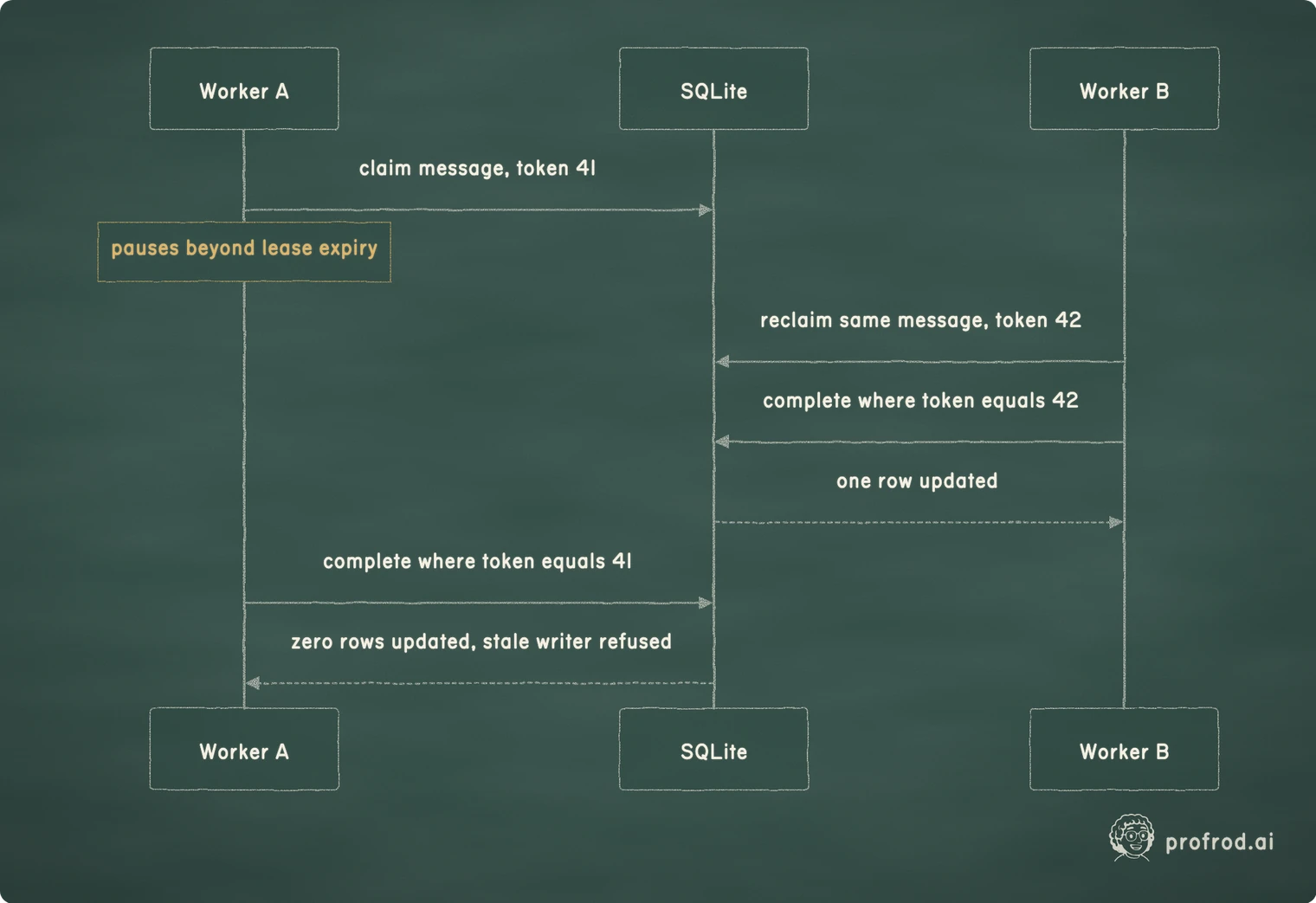 Lease expiry permits takeover, while the token predicate prevents the superseded worker from completing the same message afterward.. Worker B; SQLite; Worker A; pauses beyond lease expiry; claim message, token 41; reclaim same message, token 42; complete where token equals 42; one row updated; complete where token equals 41; zero rows updated, stale writer refused