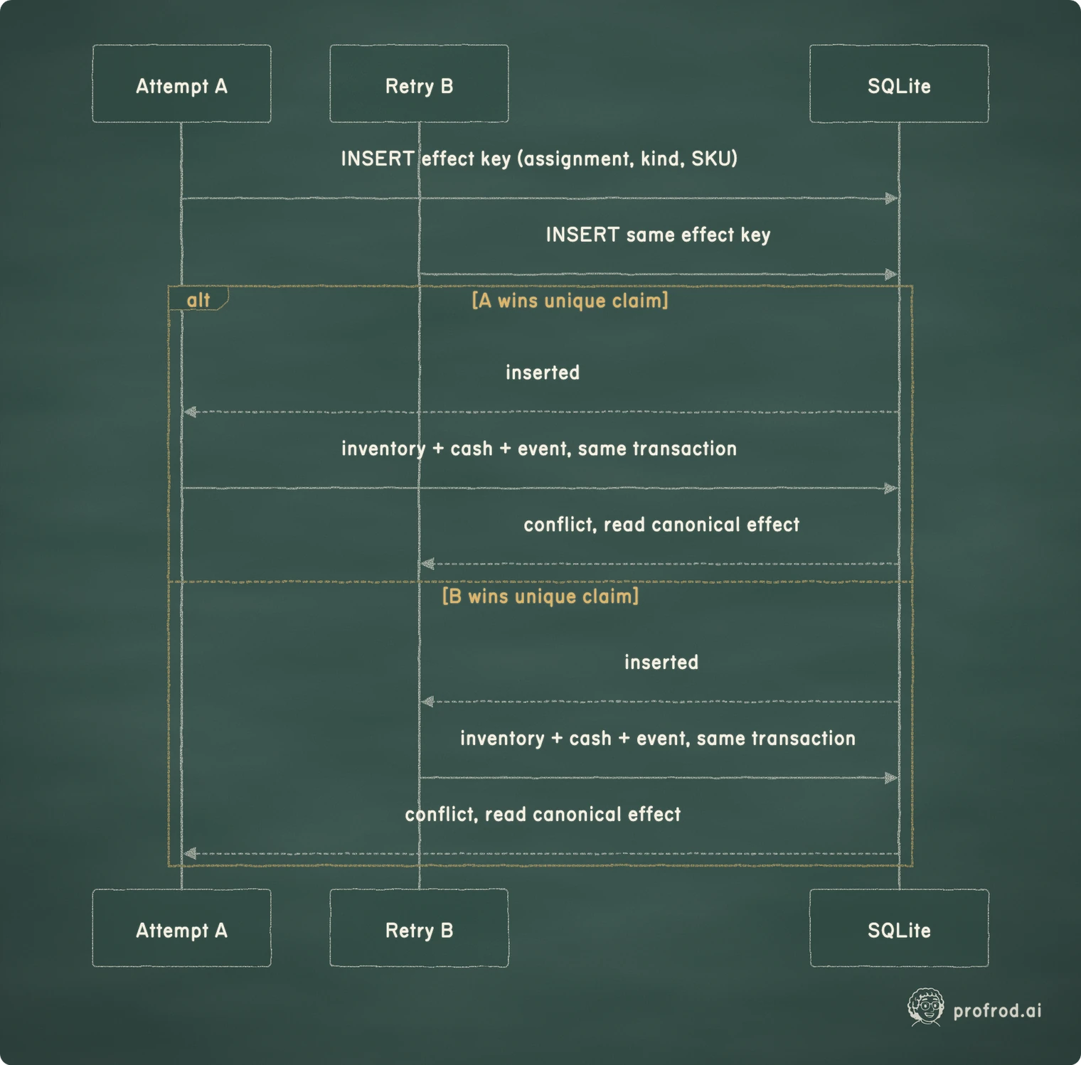 Competing attempts may both execute, but a unique effect key admits one transactional winner and makes every retry return the same canonical result.. SQLite; Retry B; Attempt A; alt; [A wins unique claim]; [B wins unique claim]; INSERT effect key (assignment, kind, SKU); INSERT same effect key; inserted; inventory + cash + event, same transaction; conflict, read canonical effect