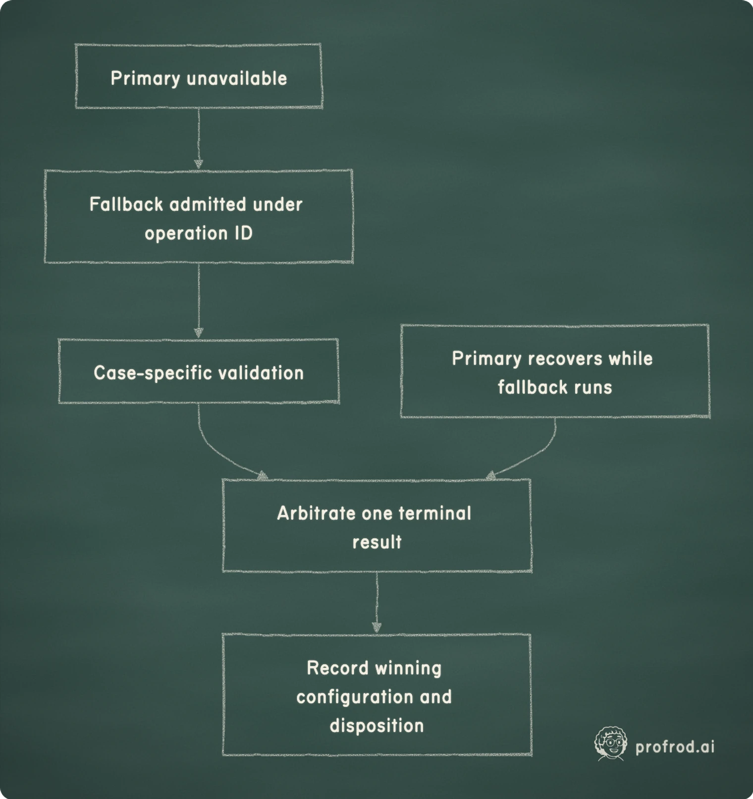 A fallback admitted under an operation ID is validated by case, arbitrated to one terminal result, and recorded with the configuration that produced it.. Primary unavailable; Fallback admitted under operation ID; Case-specific validation; Arbitrate one terminal result; Primary recovers while fallback runs; Record winning configuration and disposition