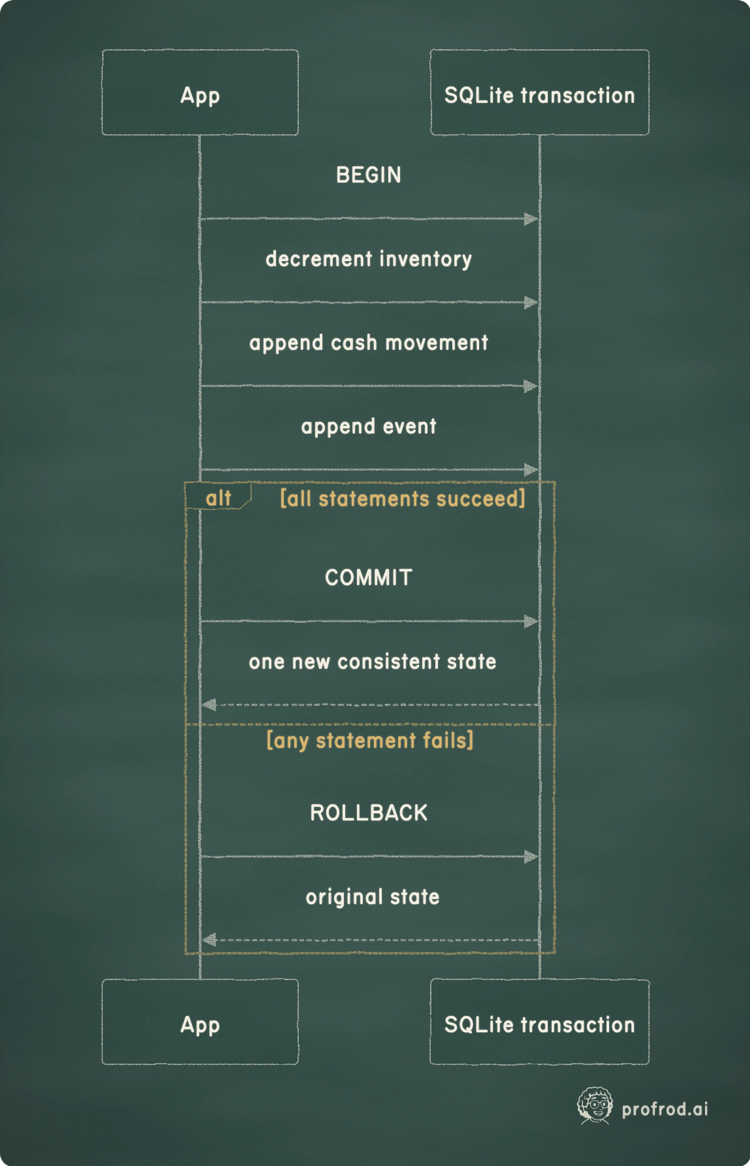Inventory, cash, and event history become one fact only when the transaction commits all three statements or rolls all three back.. SQLite transaction; App; alt; [all statements succeed]; [any statement fails]; BEGIN; decrement inventory; append cash movement; append event; COMMIT; one new consistent state; ROLLBACK; original state