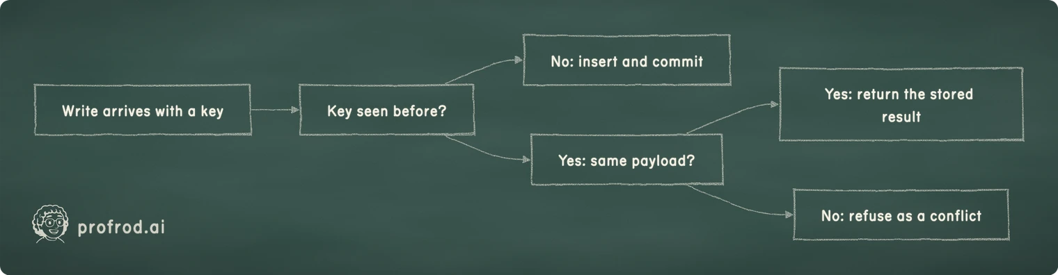 Deciding what a retried write means. Write arrives with a key; Key seen before?; No: insert and commit; Yes: same payload?; Yes: return the stored result; No: refuse as a conflict
