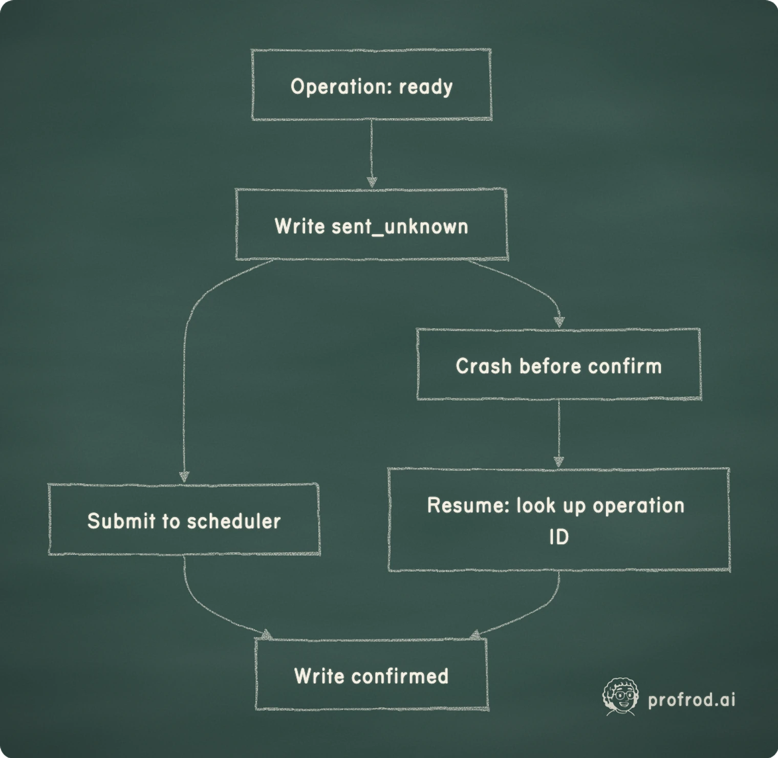 Resuming a job by reconciling instead of resending. Operation: ready; Write sent_unknown; Submit to scheduler; Write confirmed; Crash before confirm; Resume: look up operation ID