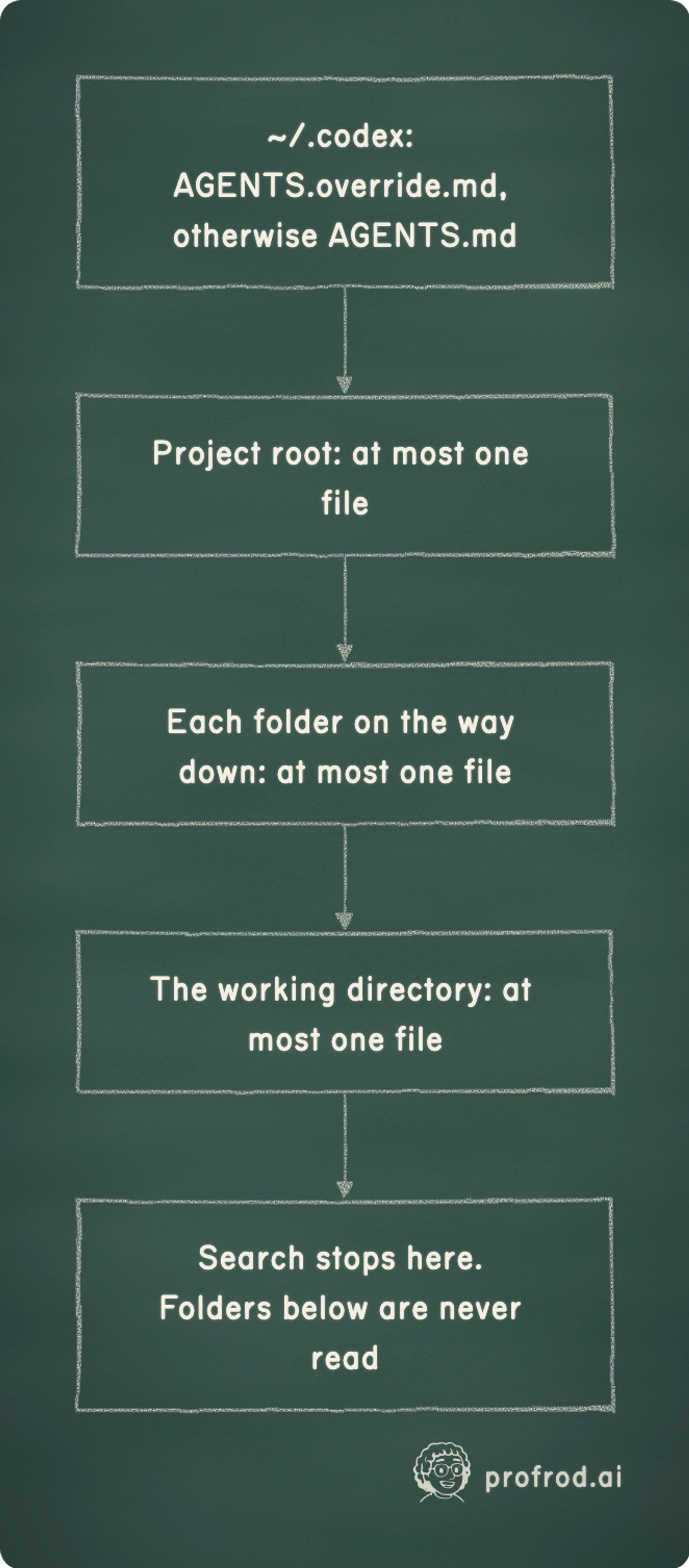 Which instruction files a run loads, in order. ~/.codex: AGENTS.override.md, otherwise AGENTS.md; Project root: at most one file; Each folder on the way down: at most one file; The working directory: at most one file; Search stops here. Folders below are never read