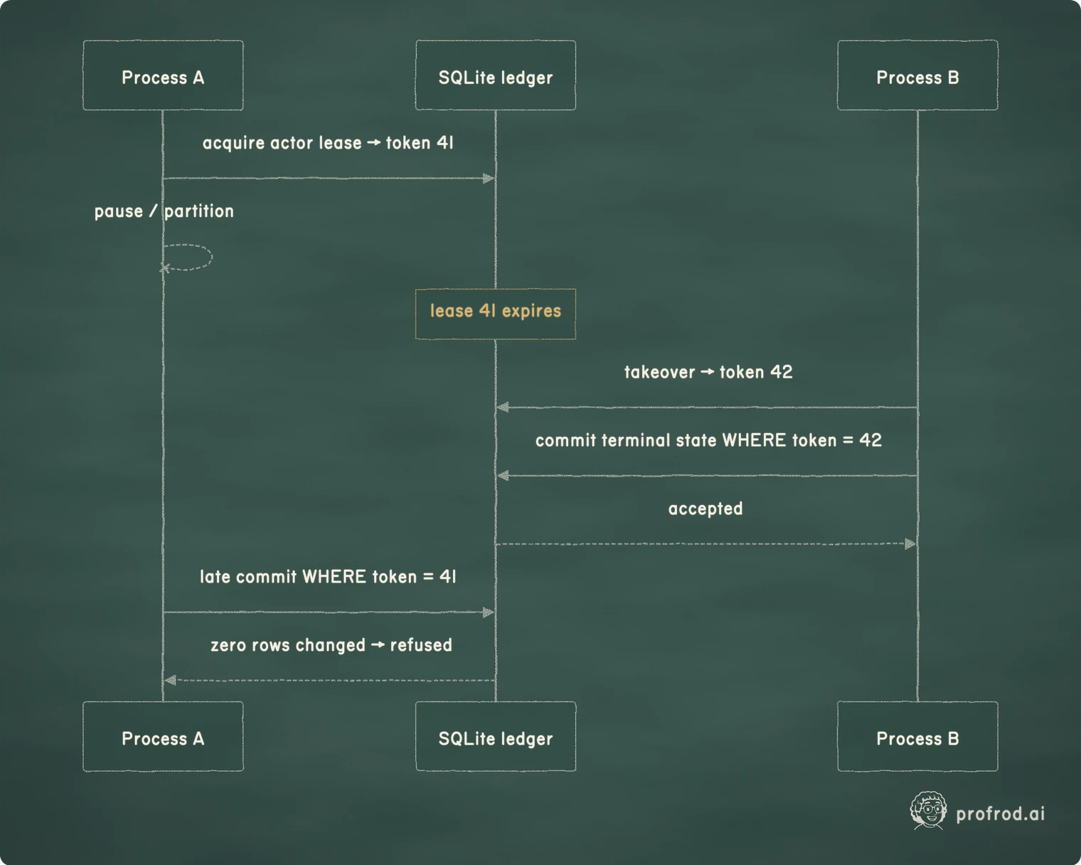 A monotonically increasing fencing token lets the database reject Process A's late commit after Process B has acquired newer authority.. Process B; SQLite ledger; Process A; lease 41 expires; acquire actor lease → token 41; pause / partition; takeover → token 42; commit terminal state WHERE token = 42; accepted; late commit WHERE token = 41; zero rows changed → refused