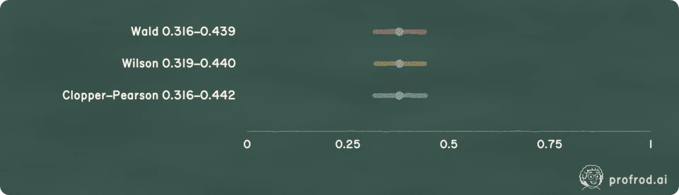 Three intervals, and how often each tells the truth For 91 of 241, Wald says 0.316–0.439 and Wilson says 0.319–0.440. At n = 241, Wald's interval contains the true rate as rarely as 38% of the time; Wilson's worst is 92%, and Clopper–Pearson never drops below 95%, at the price of width.